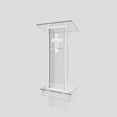 Imagem de Púlpito em Acrílico para Igreja e/ou Eventos com Gravação e Led grátis Mod. Rute Transparente (Tradicional, Moderna ou Sem Gravação) Cores em Led. (Grav. "Jesus" Moderno, LED BRANCO)