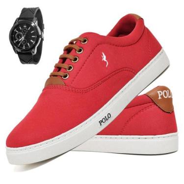 Imagem de Kit Tênis Casual Masculino Lona + Relógio Analógico - Polo Blu, 46, Ve