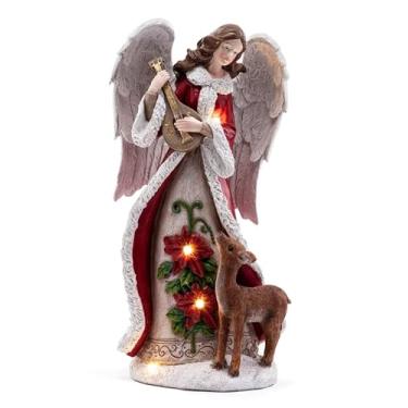 Imagem de Napco - Estatueta decorativa decorativa de resina vermelha/cinza com anjo com veado e bandolim - 30 x 15 cm