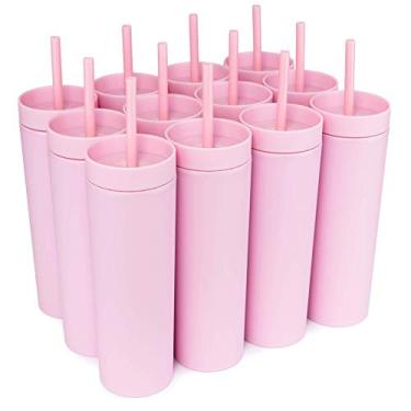 Imagem de STRATA CUPS Copos skinny (pacote com 12) Copo de 473 ml de acrílico colorido rosa fosco, copos com tampas e canudos, copos com tampas e canudos, copos de acrílico
