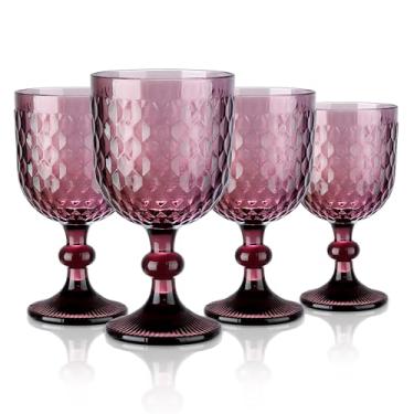 Imagem de Joeyan Taças de vinho vintage roxas, taças de água românticas coloridas com padrão de diamante em relevo, conjunto de vidro com haste para festa de casamento, banquete, 340 g, conjunto de 4, pode ser