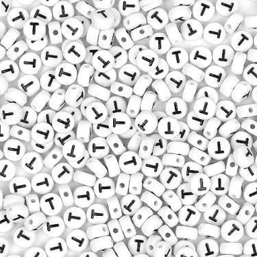 Imagem de Auvoua 300 peças contas de letras T 4 x 7 mm contas brancas do alfabeto acrílico forma redonda contas soltas para nome pulseiras colares chaveiros faça você mesmo fabricação de joias (T)