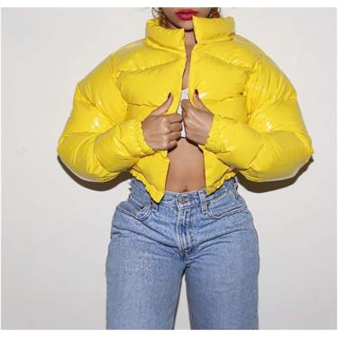 Imagem de Jaqueta ultra quente e à prova de vento Jaqueta de inverno feminina cor neon cortada jaqueta puffer parka outwear casaco bolha grosso moda streetwear, amarelo brilhante, l