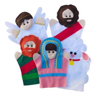 Imagem de Kit fantoche bíblico jesus maria josé anjo ovelha 5pçfeltro - BRINQUE 