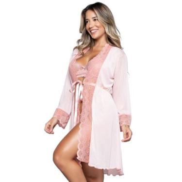 Imagem de Conjunto Lingerie Vekyo Sem bojo e Robe Feminino Sexy em Renda e Tule,