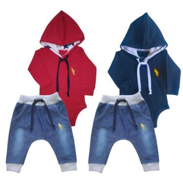 Imagem de Kit 4 Peças Conjunto Roupa Bebê Body com Capuz e Calça Jeans - Patrulh