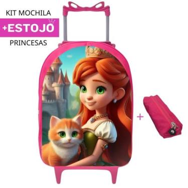 Imagem de Kit Mochila Infantil Escolar Carrinho + Estojo Princesa Gatinho Prátic