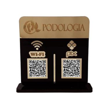Imagem de Placa Display Logo e 2 Qr Code Pix e Wifi em Acrílico Dourado e Preto 