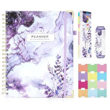 Imagem de Ospelelf Planejador diário sem data, encadernação espiral, semanal, mensal, capa dura com adesivos, 12 meses, produtividade, viagem, estética, tamanho carta, mármore roxo