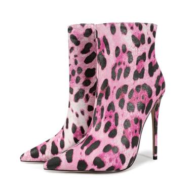 Imagem de Rock88 Salto agulha feminino médio alto, bico fino, zíper lateral, botas de couro de camurça leopardo macias e confortáveis para um ano inteiro, rosa, 40
