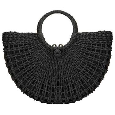 Imagem de Bolsa de mão feminina de ratã com alça superior e palha redonda boêmia Sacola de praia bolsa de transporte grande, Preto, 390x320x100mm