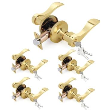 Imagem de LOQRON Maçaneta de porta estilo onda maçaneta de entrada com chave com fechadura, pacote com 5 maçanetas de entrada com chave no atacado, reversível para canhoto/direito para escritório ou porta da