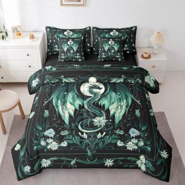 Imagem de Feelyou Jogo de cama casal com dragão verde, 7 peças, dragão voador, lua e edredom para meninos e meninas, lençol de cima, lençol com elástico, fronhas, fronhas
