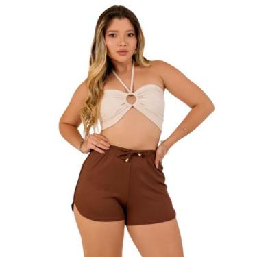 Imagem de Short Feminino de Malha Canelada Marrom Ajustável - Fortaleza Jeans, Ú