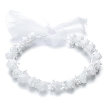Imagem de Merroyal Coroa de flor de rosa branca, acessório de cabeça de primeira comunhão, guirlanda de cabelo de casamento com detalhes de chiffon (branca, tamanho único)
