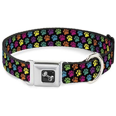 Imagem de Buckle-Down Coleira para cachorro com fivela de cinto de segurança - estampa de pata preta/multicolorida - 3,8 cm de largura - serve para pescoço de 45,7 a 81,2 cm - grande
