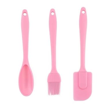 Imagem de Kit Confeiteiro Culinária 3 Peças Pincel + Espátula Em Silicone e Colher (Rosa)