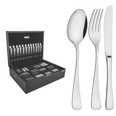 Imagem de Faqueiro Tramontina Mônaco 130 Pçs Aço Inox Facas de Mesa Forjadas Brilho Estojo de Madeira 66917227