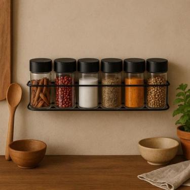 Imagem de Porta Temperos Condimentos 6 Potes Suporte Parede Inox Preto - ARTHI