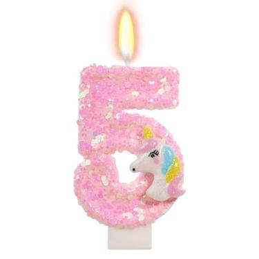 Imagem de FAMGift Velas de aniversário - vela número 5, decorações de 5º aniversário para meninas, velas de unicórnio rosa para topo de bolo, material de festa com tema de desenho animado