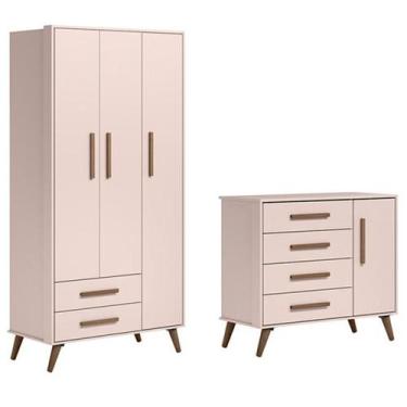 Imagem de Jogo de Quarto Q Encanto Retrô Guarda Roupa e Cômoda Rosa - Qmovi