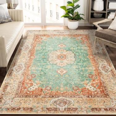 Imagem de Castage Tapetes de área 12 x 18 cm, lavável, boho para sala de estar, quarto, cozinha, grande, vintage, boêmio, envelhecido, casa de fazenda, antiderrapante, retrô, laranja, verde, floral