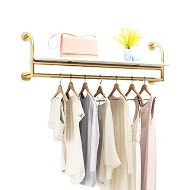 Imagem de CHBGLNTY Cabide de parede para roupa com prateleira de madeira, prateleira flutuante para loja de roupas, cabide para exibição no retalho, organizador resistente, cabide de metal resistente e