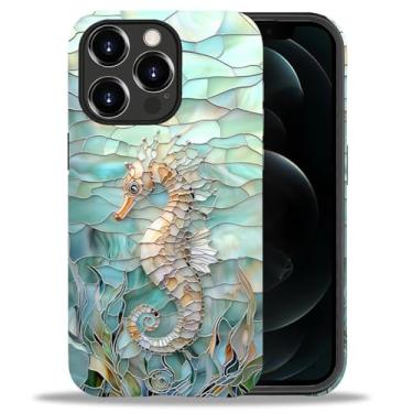 Imagem de Punmada Capa para iPhone 12 Pro Max, capa híbrida rígida à prova de choque de silicone à prova de choque para iPhone 12 Pro Max vidro submarino 3D padrão cavalo marinho