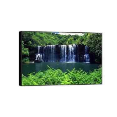 Imagem de MUHJDYC Paisagem quadros arte mural - árvore deixa cascata - natureza impressões em tela - moldura preta imagem decoração sala de estar modernos 120 x 80 cm