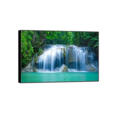 Imagem de MUHJDYC Paisagem quadros arte mural - lago cascata floresta - natureza impressões em tela - moldura preta imagem decoração sala de estar modernos 120 x 80 cm