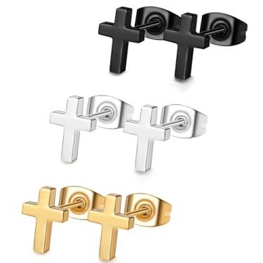 Imagem de Conjunto de 3 pares de brincos de argola de cruz masculinos e femininos de aço inoxidável com dobradiças, Sem pedra preciosa