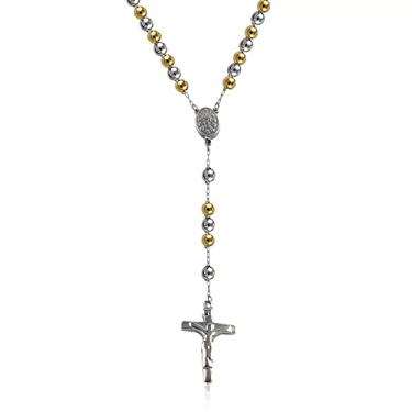 Imagem de Savlano Colar de cruz de rosário com contas de aço inoxidável – 6 mm cruz crucifixo colar rosário corrente para mulheres e homens, joias religiosas vêm em prata, ouro, rosa, preto com uma caixa de presente, Aço inoxidável, Sem Pedra Preciosa