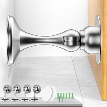 Imagem de Crosize Pacote com 4 batentes magnéticos, trava de porta de aço inoxidável para montagem na parede e no chão, suporte de porta mantém a porta aberta, sem batente de porta de perfuração com fitas