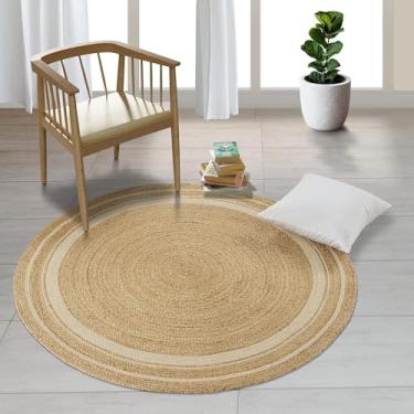 Imagem de Tapete de algodão de juta premium redondo tecido à mão de fibra natural 6x6 - Tapete de juta macio para ambientes internos e externos para cozinha, sala de estar, corredores, entradas e fazenda