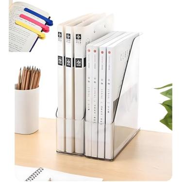 Imagem de AveltroX Suporte de revista de acrílico e organizador de livros, pacote com 4 – Rack de armazenamento de arquivos transparente para escritório/casa, inclui 3 marcadores de livro de silicone (design