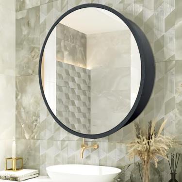 Imagem de Janboe Armário de remédios redondo, armário de remédios com espelho, moldura de alumínio, dobradiça de fechamento suave, 66 cm, preto