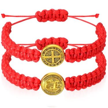 Imagem de Fumete 2 pulseiras católicas presentes de medalha de São Bento pulseiras de cordão ajustáveis presentes religiosos para homens mulheres aniversário feriado, 14 mm/ 0.55 inches, corda e liga de