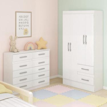 Imagem de Quarto Infantil com Cômoda 10 Gavetas e Guarda-Roupa 4 Portas e 2 Gavetas Ninho  Branco