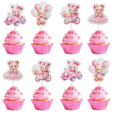 Imagem de Arthsdite 24 peças de chá de bebê urso cupcake toppers balão bebê urso vestido de chá de bebê carro cadeira de balanço escolhas de cupcake decorações de festa de aniversário suprimentos para meninos