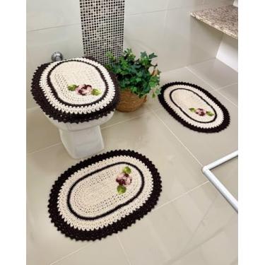 Imagem de Jogo De Banheiro Em Crochê 3 Peças Bordado Flor Artesanal (Marrom)