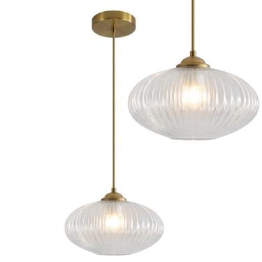 Imagem de Magiroz Luzes pendentes de vidro transparente de meados do século cozinha ilha moderna ouro escovado luminária pendurada vintage 1 luz única interior redondo luminária pendente ajustável globo