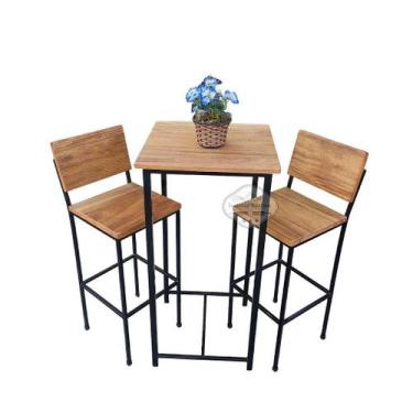 Imagem de Conjunto Bistrô com Mesa Quadrada e 2 Banquetas em Madeira de Demoliçã