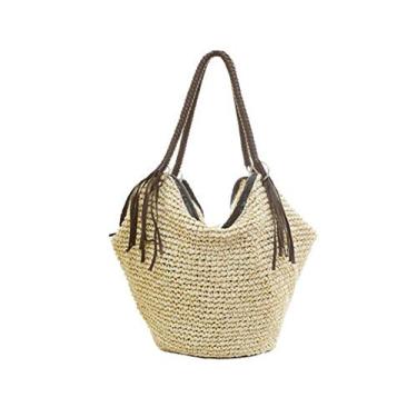 Imagem de QTKJ Bolsa de ombro grande de palha macia com borlas de couro marrom, alça de couro boho retrô bolsa de praia de verão bolsa de mão de vime (bege)