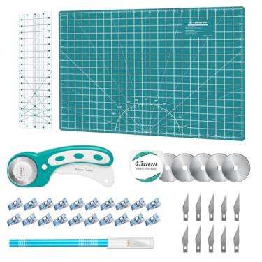 Imagem de Conjunto de cortadores rotativos – kit de acolchoamento, inclui cortador de tecido de 45 mm, 5 lâminas de substituição, tapete de corte A2, régua de acrílico e clipes de costura, conjunto de facas
