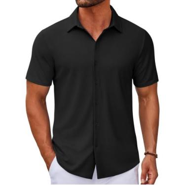 Imagem de Camisa casual COOFANDY de manga curta com botões para homens preta