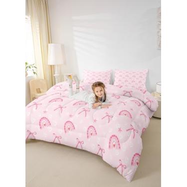 Imagem de Manfei Conjunto de edredom rosa amor arco-íris, tamanho casal, laço de princesa, conjunto de cama sonhador, 3 peças, para adolescentes, edredom kawaii, corações e estrelas, enchimento de edredom rosa