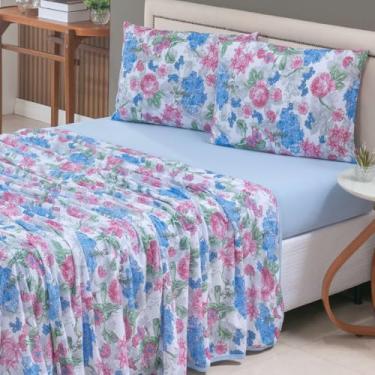 Imagem de Jogo de Cama 4 Peças 100% Algodão Lençol com Elástico e Lençol de Cima + Fronhas com Zíper – Anti Pilling – Acabamento em Viés - Solteiro, Casal, Queen e King. (Azul, Solteiro)