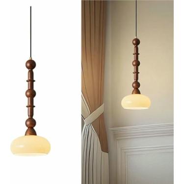 Imagem de Candeeiro pendente vintage estilo japonês luminária suspensa de madeira cinza longo abajur de vidro opala luminária ajustável