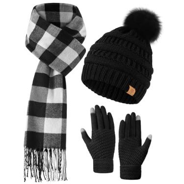 Imagem de Conjunto de luvas de cachecol longo com gorro de inverno com tela sensível ao toque - Conjunto de 3 peças essenciais de cachecol e luvas para mulheres