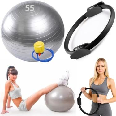 Imagem de Kit Pilates, Bola de Exercício 55cm com Bomba, Anel Tonificador, Cinza, Látex Anti-Estouro, para Yoga, Ginástica, Fisioterapia, Suporta 200kg